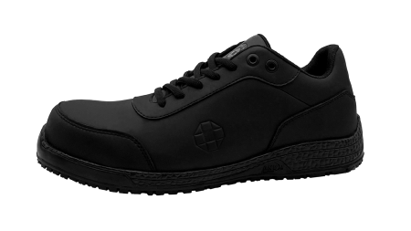 Matte black microfibre upper safety trainers SRC slip 