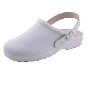 white leather nursing clogs